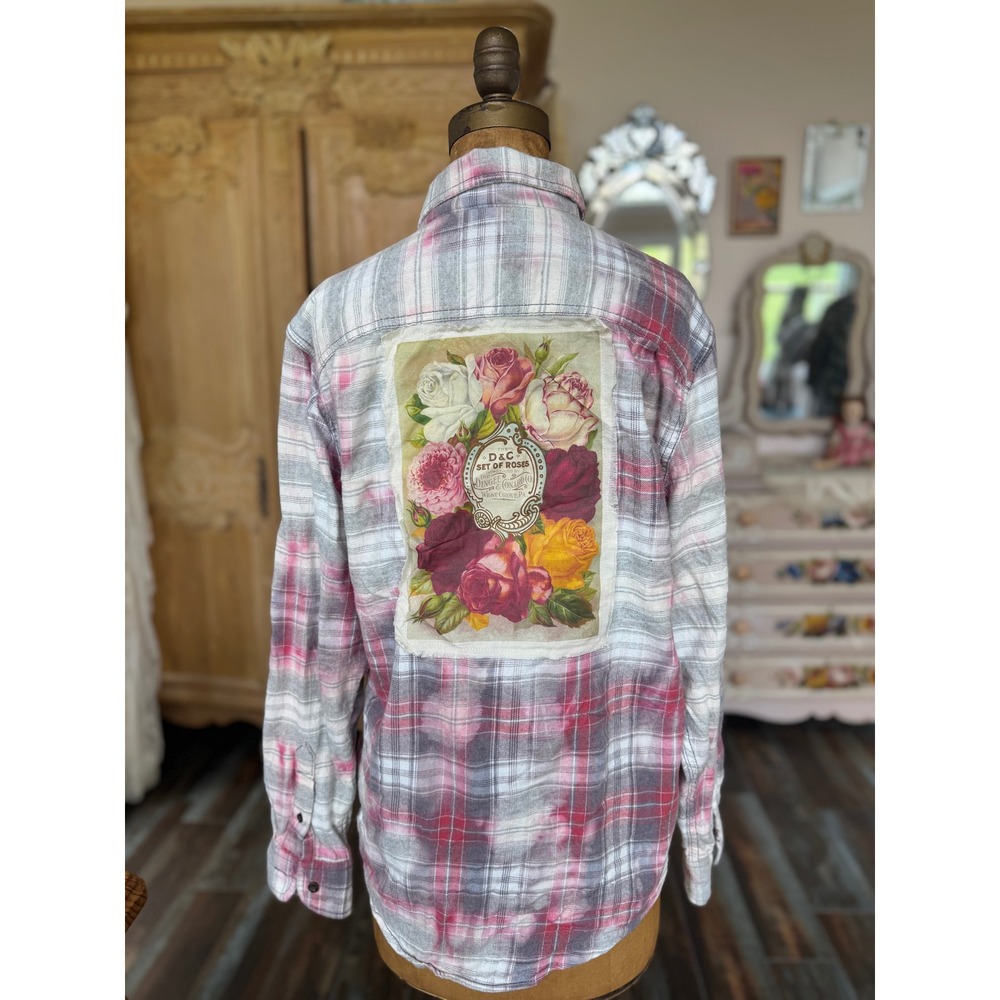 Upcycled Floral Flannel Shirt Small | Cottagecore Rose Patch Soft Plaid - Picture 8 of 8